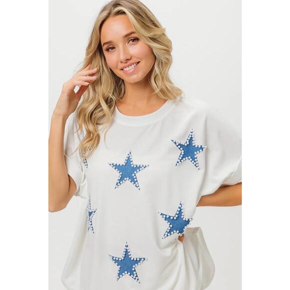 BiBi Fourth Of July Theme Rhinestone French Terry Round Neck T-Shirt | Off White - Picture 6 of 7